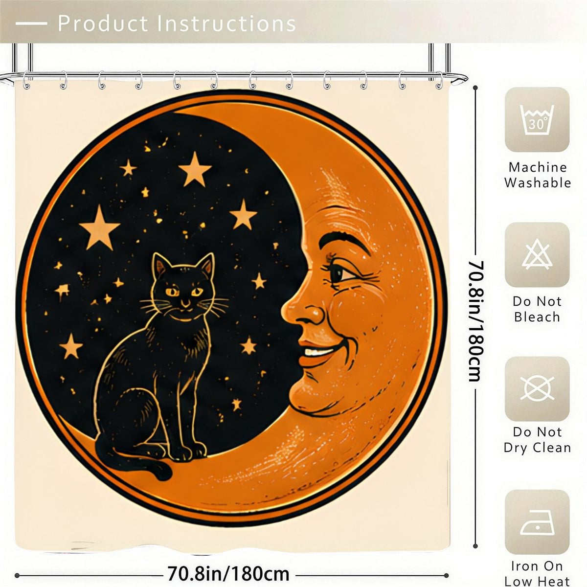Orange crescent moon with a face and a black cat sitting among stars on a shower curtain.