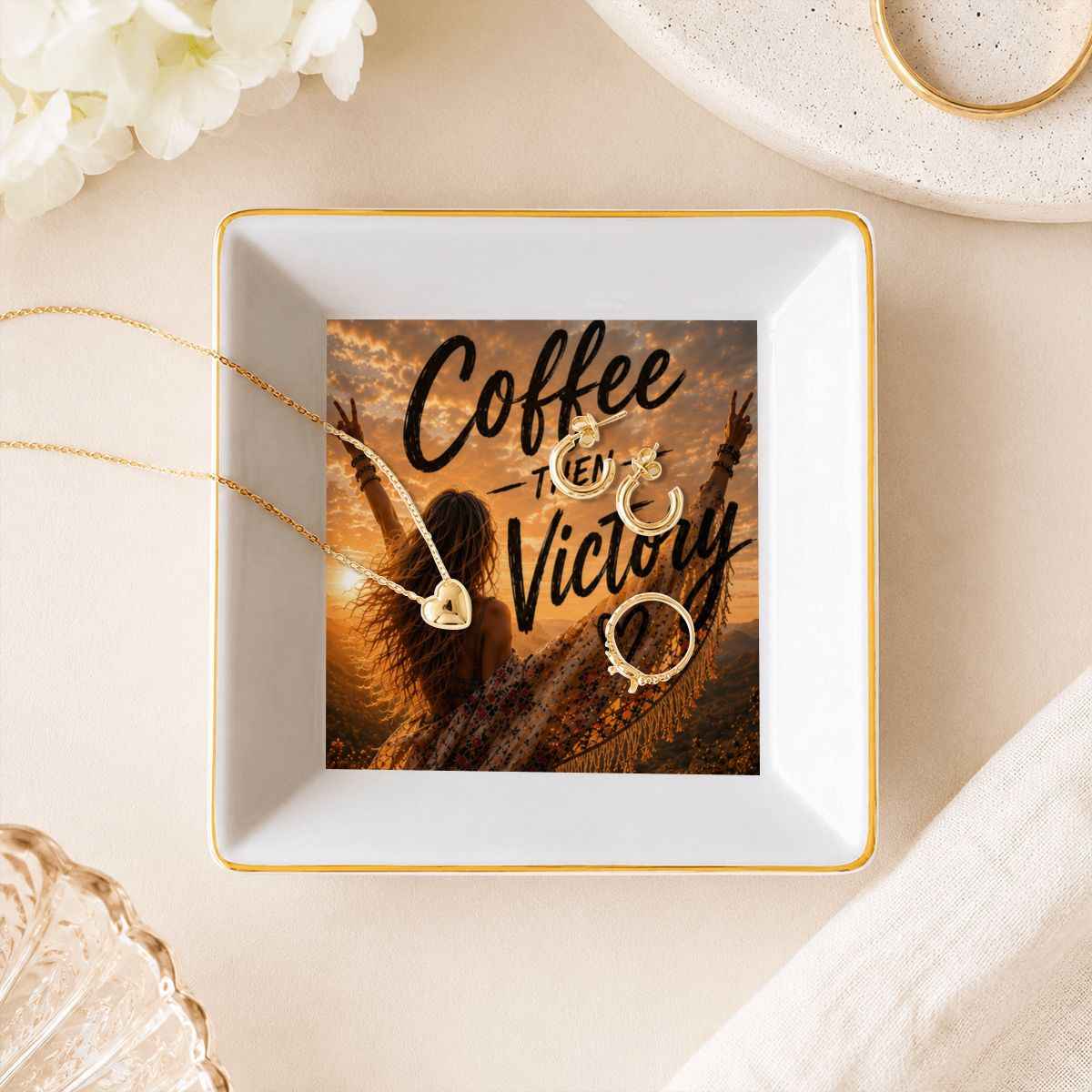 Gold Trim Jewelry Dish Coffee then Victory
