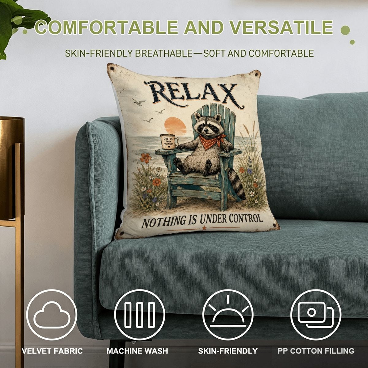 Decorative raccoon throw pillow on a teal sofa featuring funny 'Relax' text and velvet fabric.