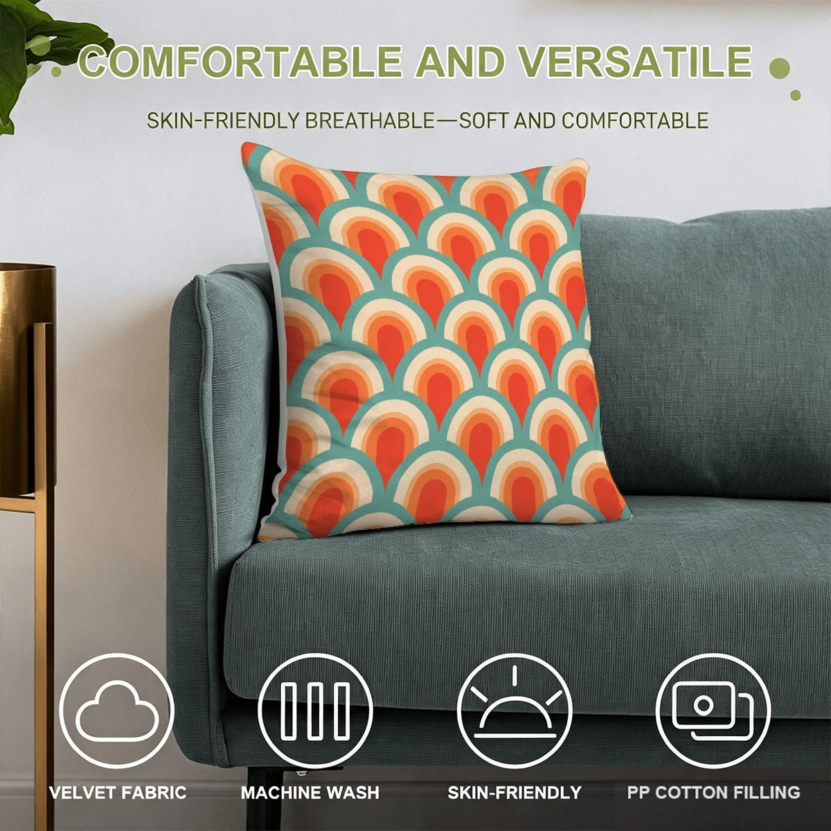 Retro rainbow scallop pattern decorative throw pillow on a teal velvet sofa.