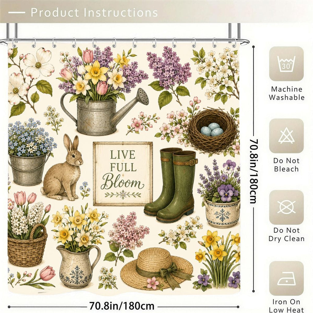Floral shower curtain featuring garden elements like watering cans, boots, and spring flowers.