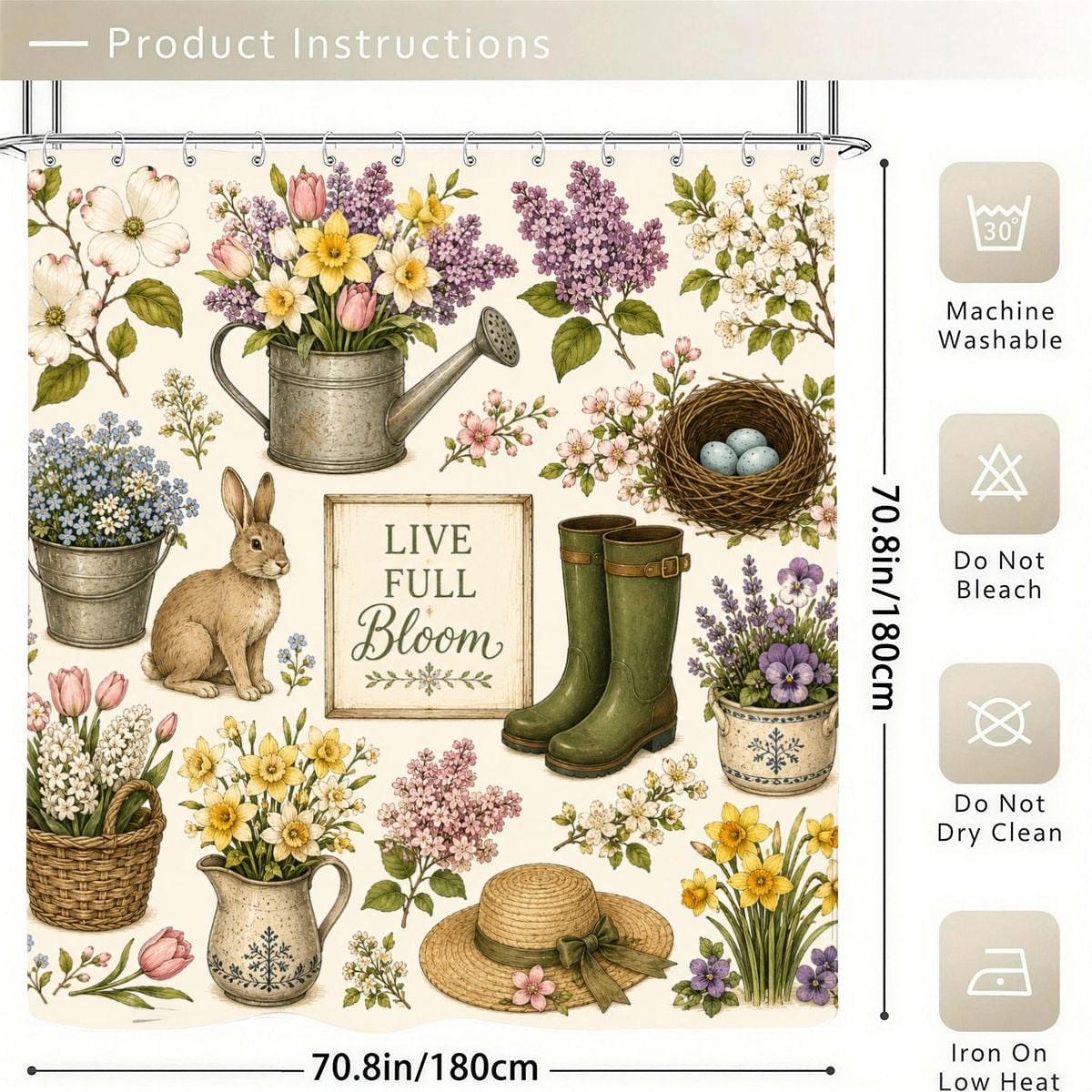Floral shower curtain featuring garden elements like watering cans, boots, and spring flowers.