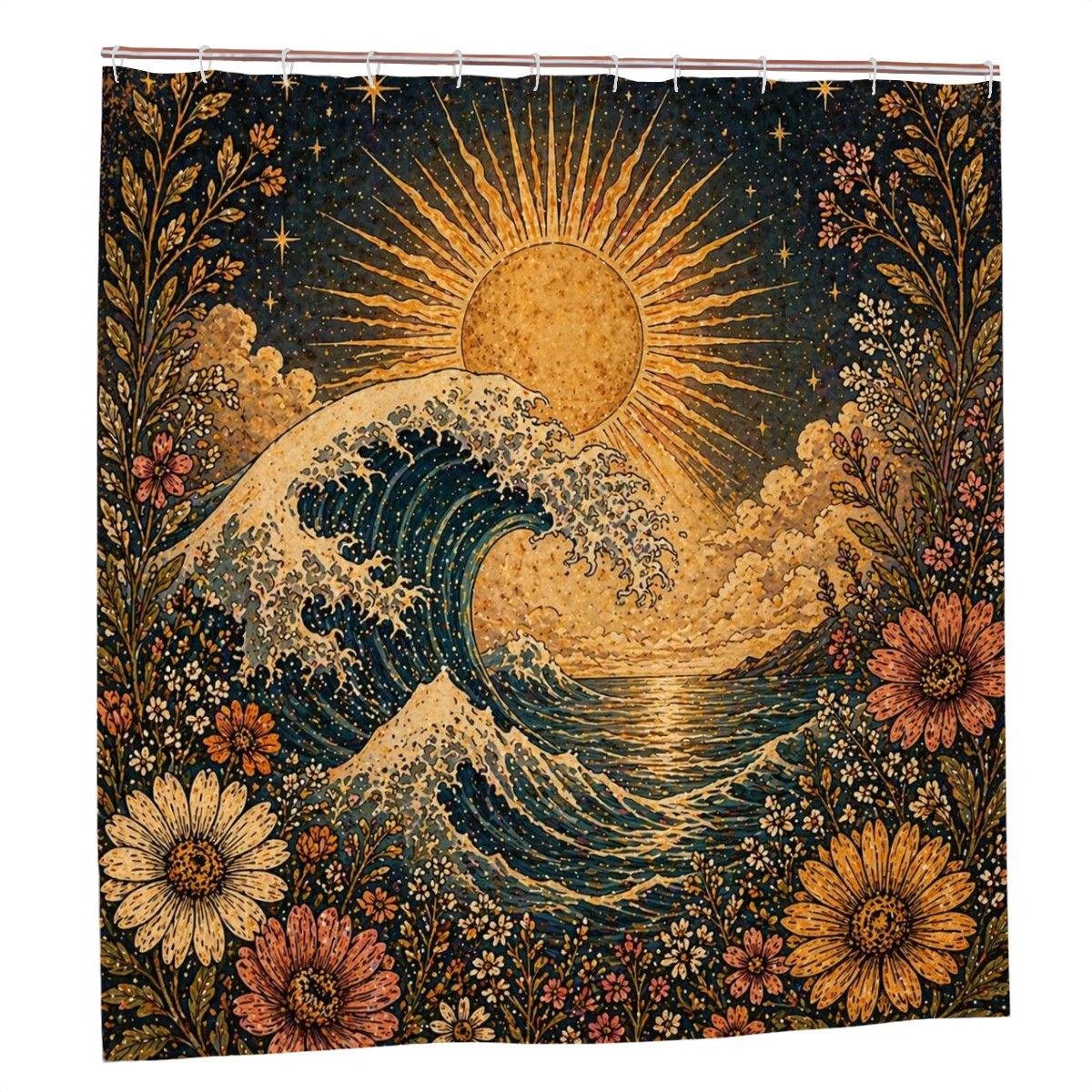 Sandy Beach bathroom decor shower curtain with ocean wave design hanging in a modern shower stall
