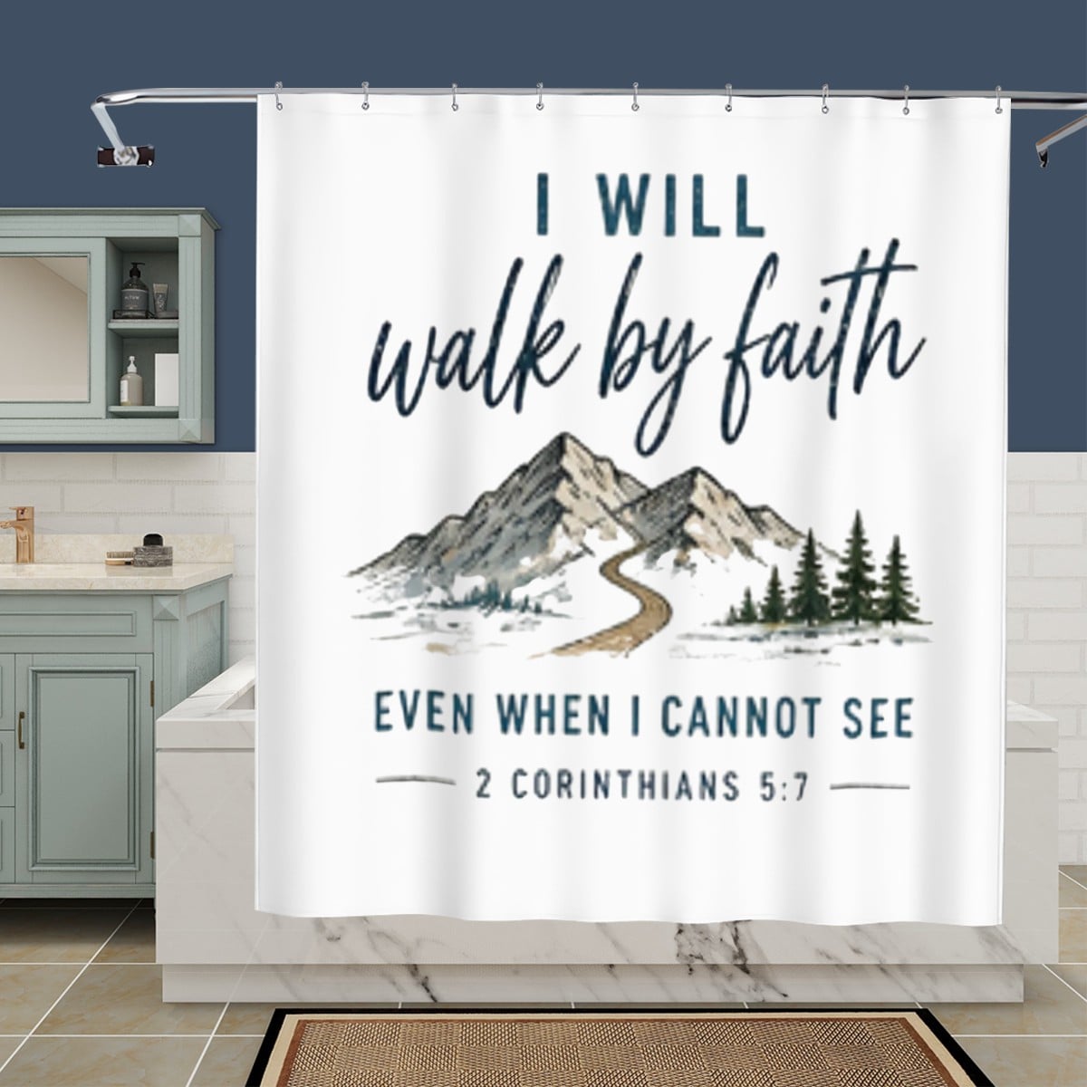 Sandy Beach bathroom decor shower curtain with ocean wave design hanging in a modern bathroom.