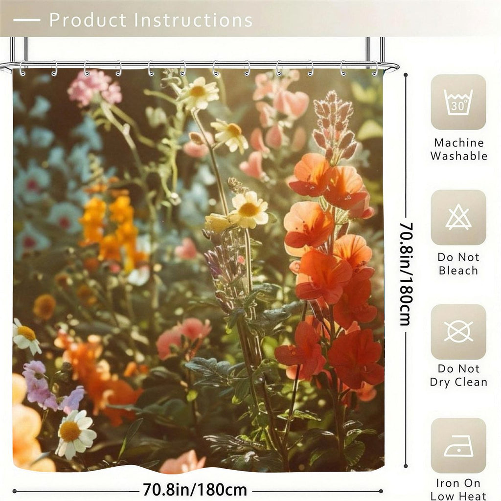 Floral pattern shower curtain with orange and yellow wildflowers, 70.8x70.8 inch size.