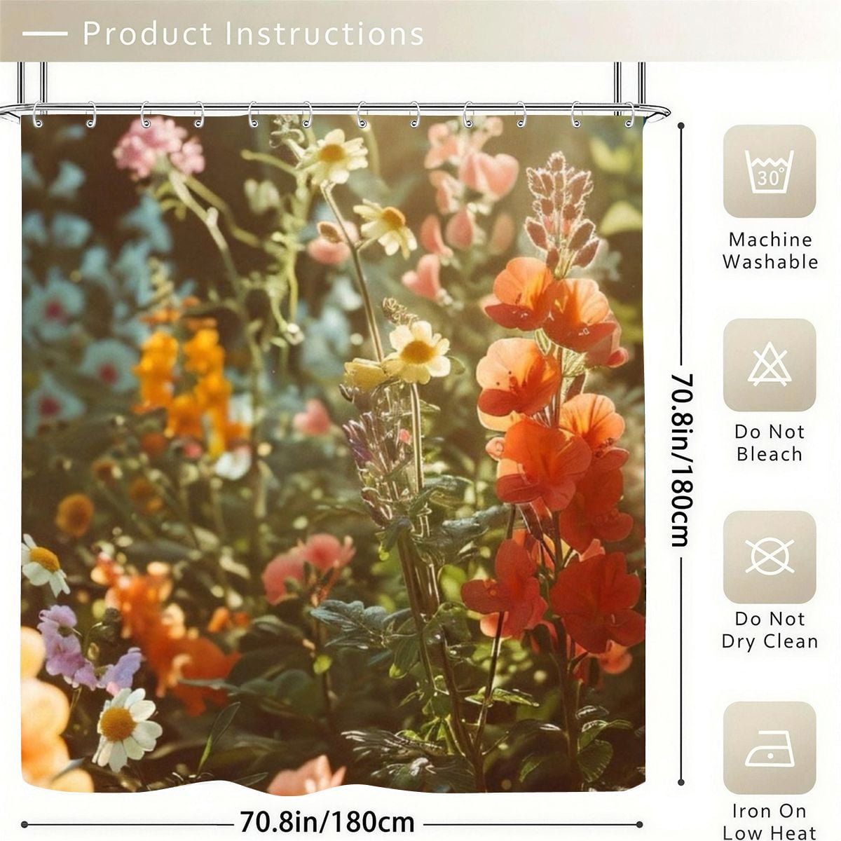 Floral shower curtain with colorful wildflowers and care instructions for machine washing.