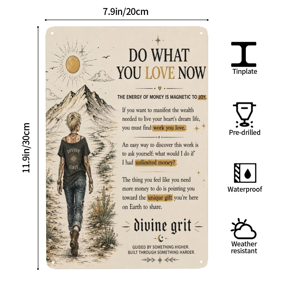 Inspirational metal sign featuring a woman walking towards mountains with motivational text.