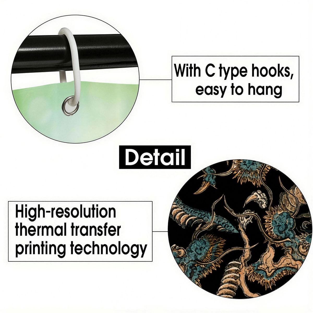 Close-up of C-type hooks for easy hanging and high-resolution thermal transfer print detail.
