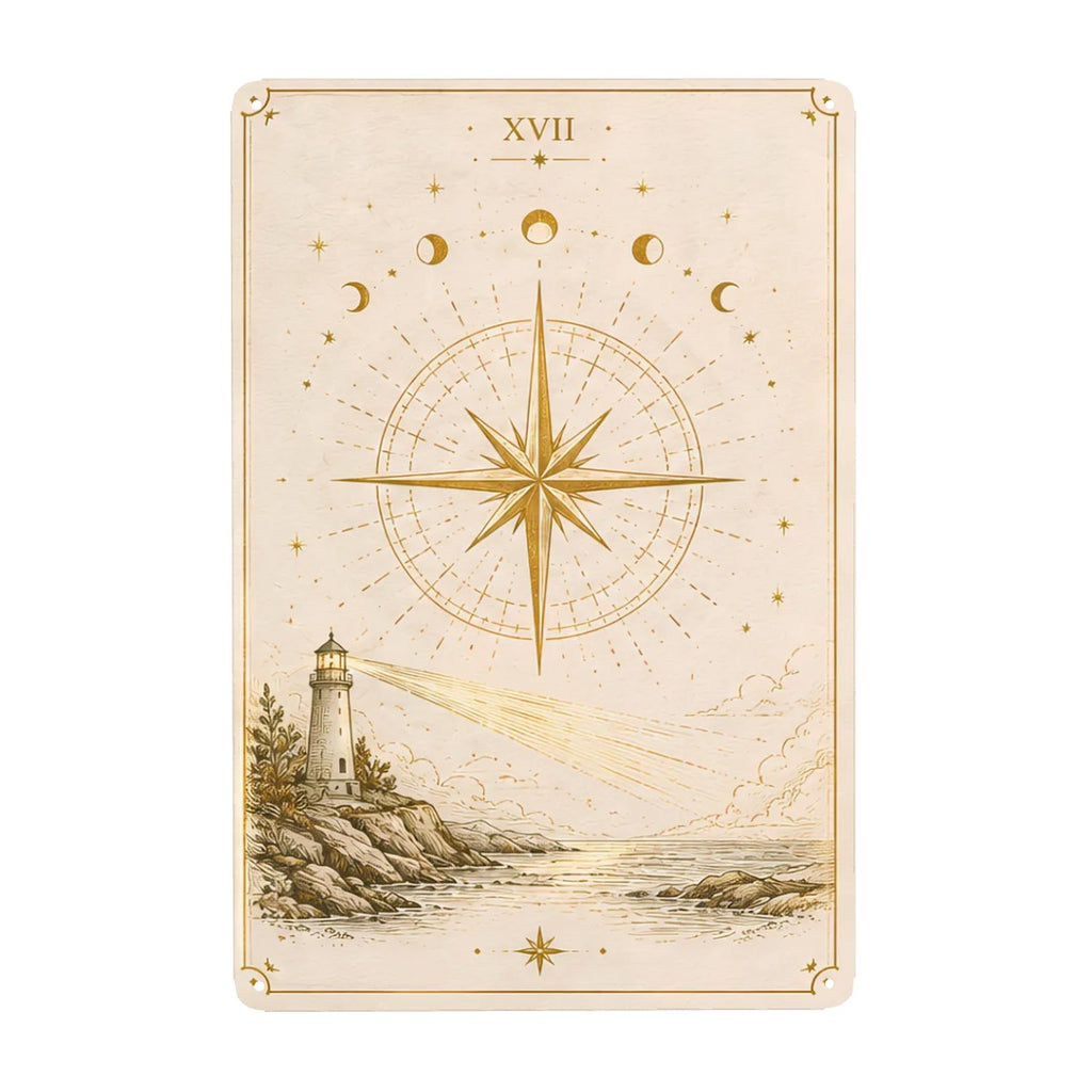 Tarot card style art featuring a lighthouse, compass rose, and celestial moon phases in gold.