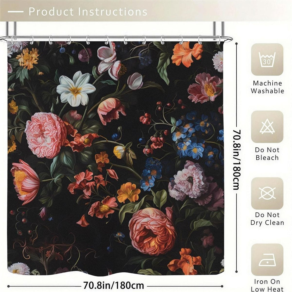 Dark floral shower curtain with vintage rose and wildflower pattern.