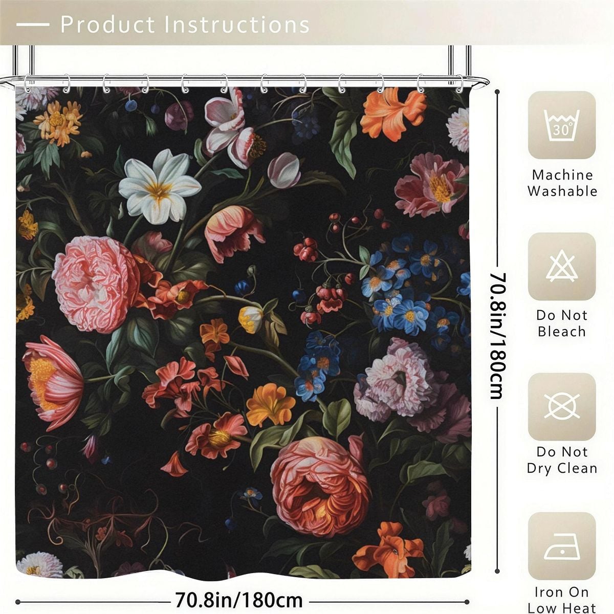 Dark floral shower curtain with vintage rose and wildflower pattern.