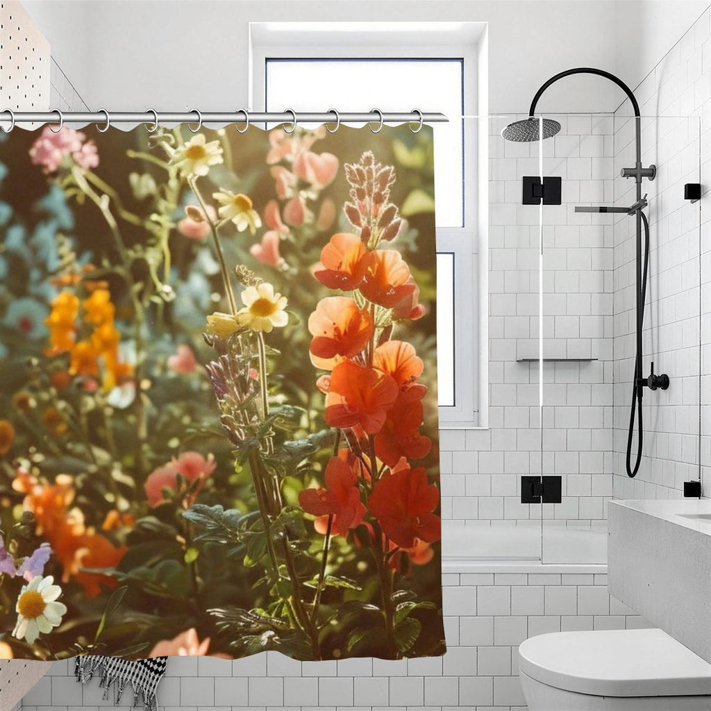 Floral shower curtain featuring vibrant orange and yellow wildflowers in a garden setting.