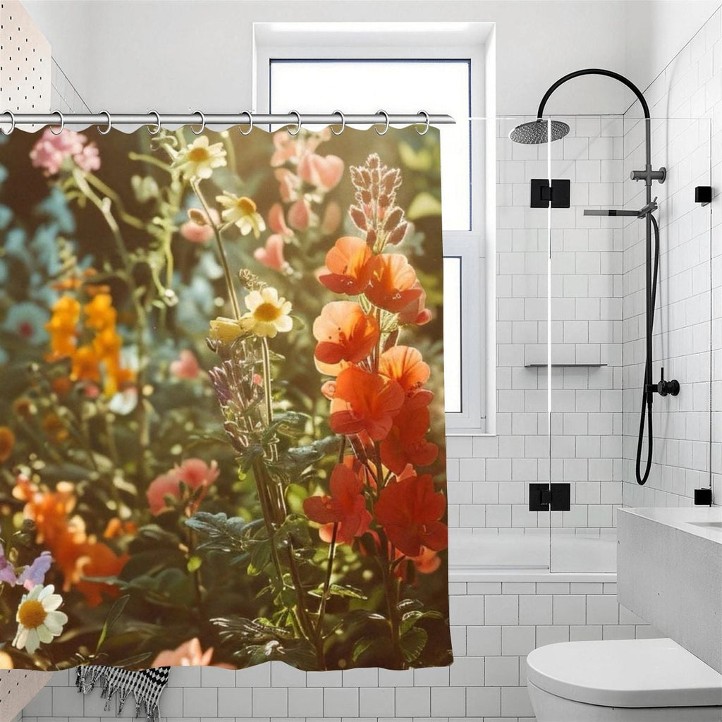 Floral shower curtain with orange and yellow wildflowers in a bright bathroom setting.