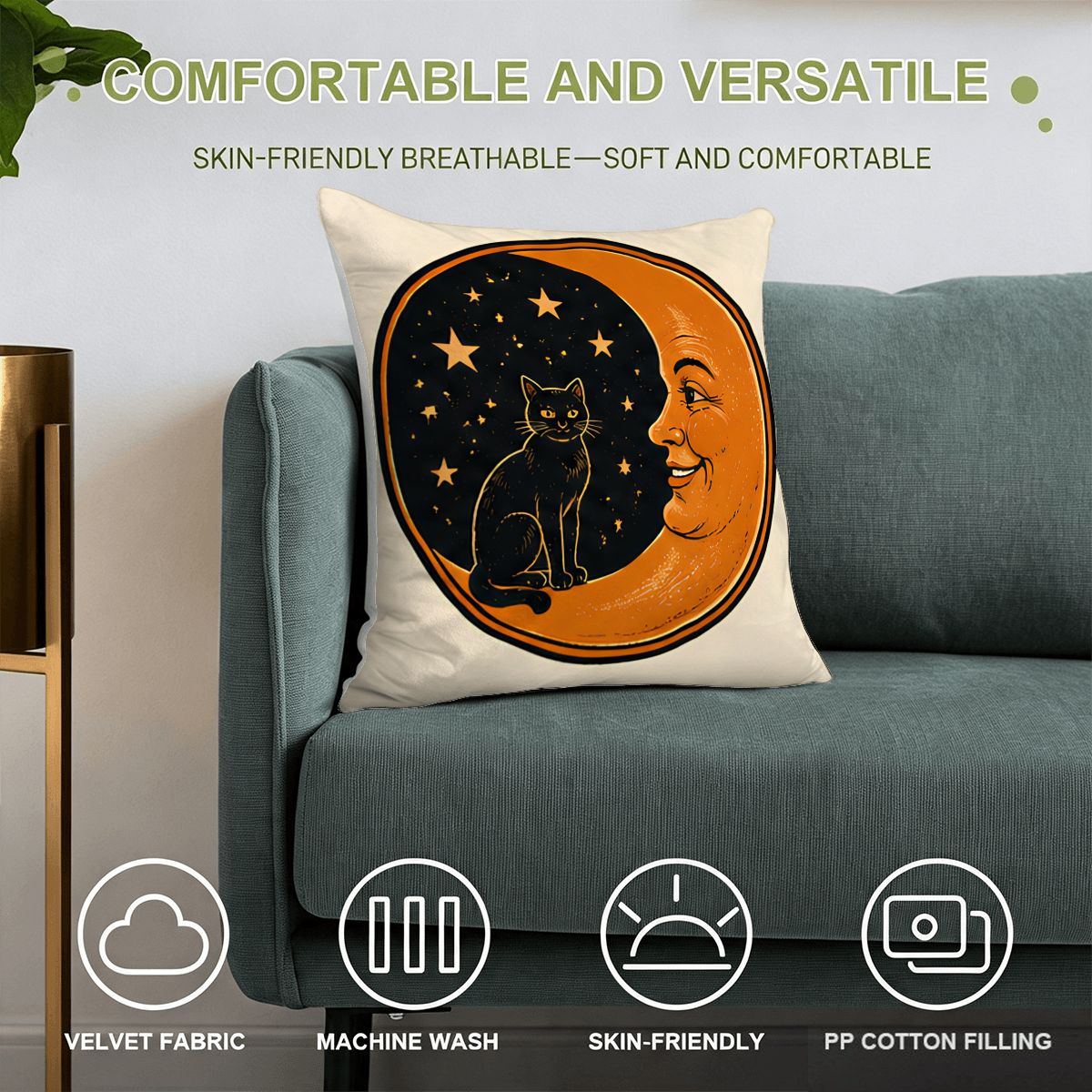 Decorative velvet throw pillow featuring a black cat sitting on a crescent moon with a face.
