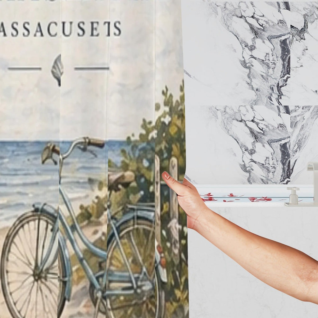 Sandy Beach bathroom decor shower curtain featuring a coastal beach scene with blue waves and sandy shores.
