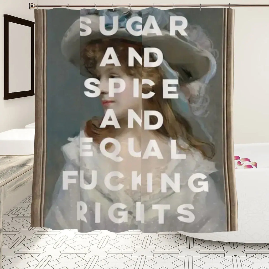 Sandy Beach Sugar and Spice and Equal Rights shower curtain with colorful, decorative bathroom decor featuring empowering text.