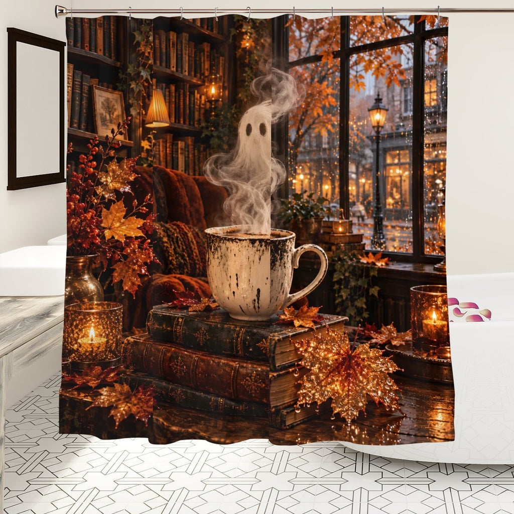 Coffee Ghost Shower Curtain - 72" x 72" Cute Halloween Open Door Print