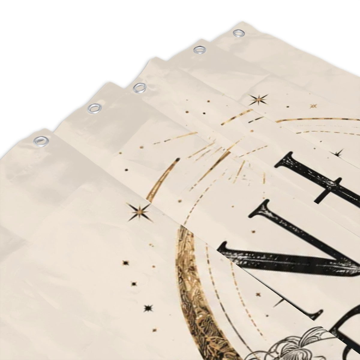 Cream colored garden flag with celestial gold sun and star patterns.