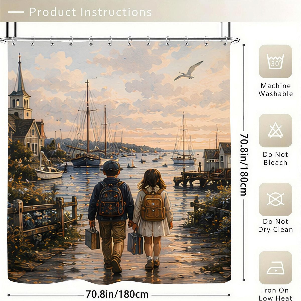 Impressionist style shower curtain featuring two children walking toward a harbor at sunset.