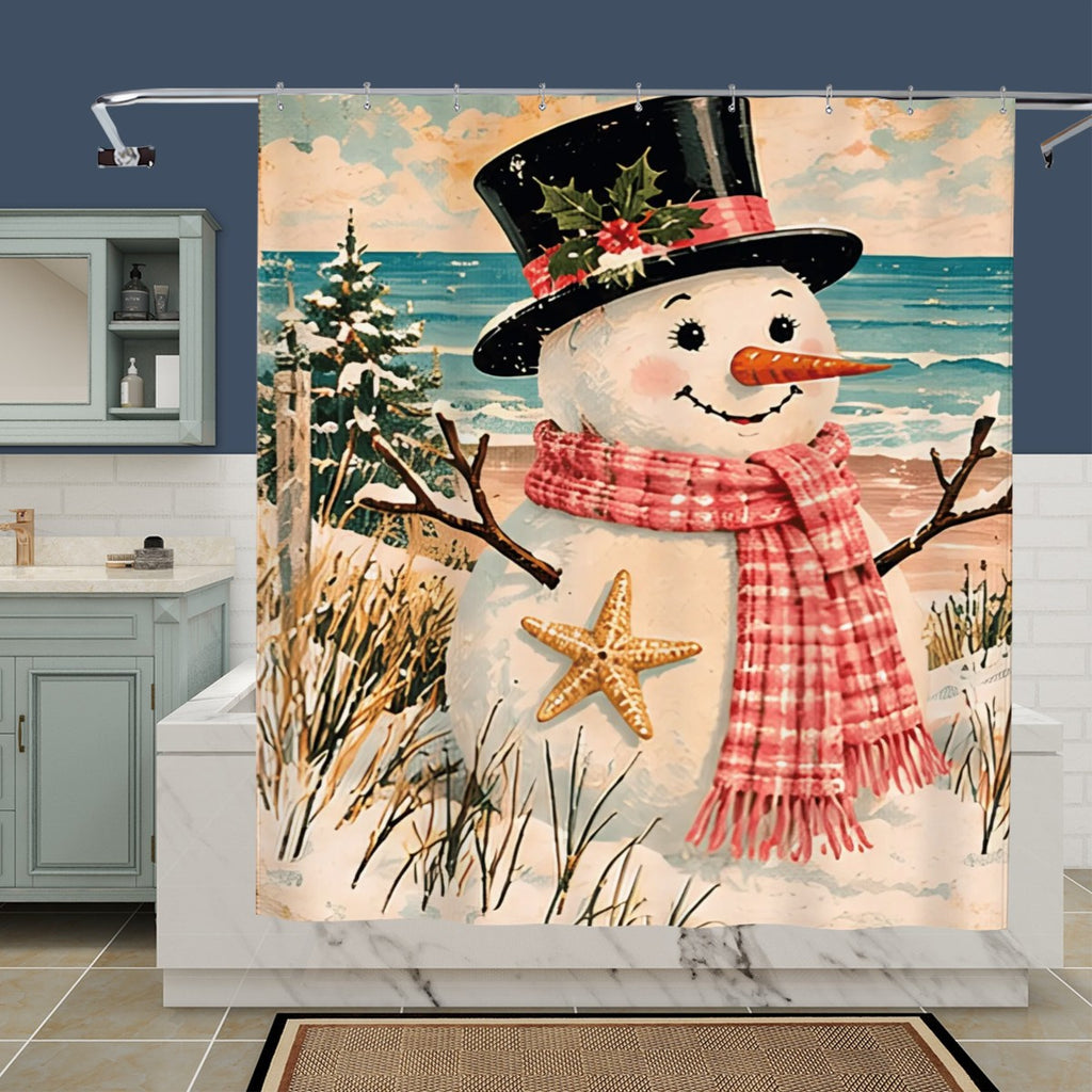 Coastal Snowman Christmas Shower Curtain | Starfish & Pink Plaid Scarf