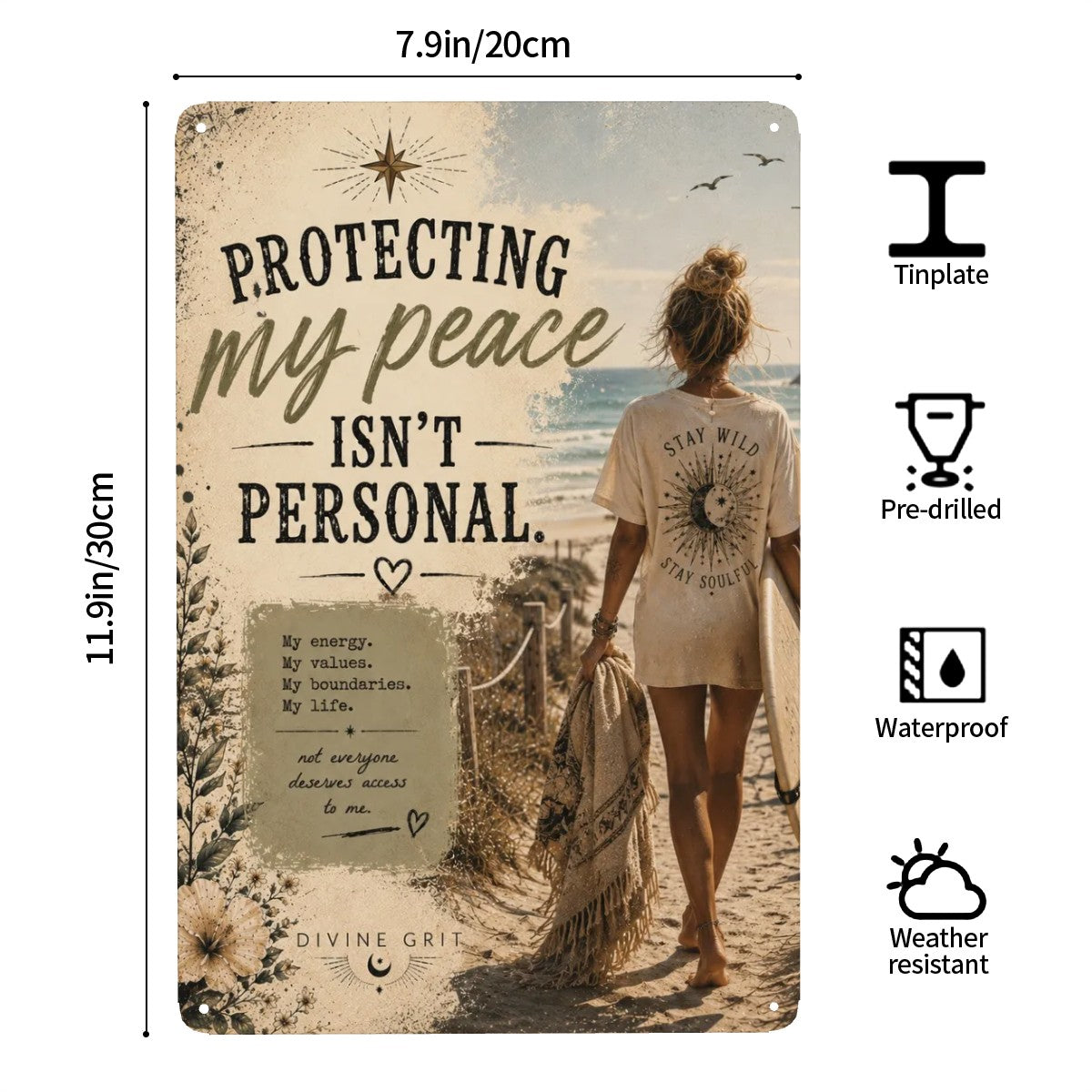 Garden flag with beach scene and text 'Protecting my peace isn't personal' in boho style.
