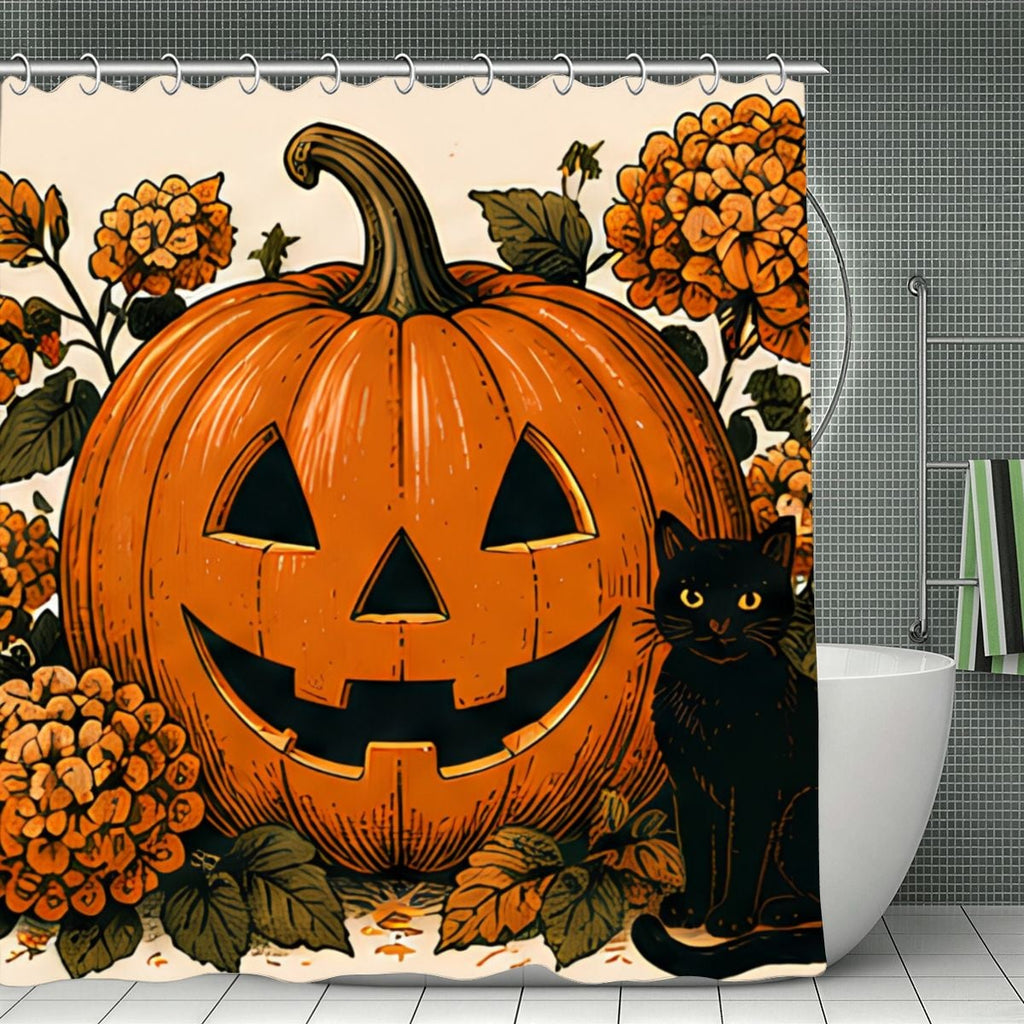 Halloween shower curtain featuring a carved jack-o'-lantern pumpkin and a black cat.