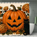 Halloween shower curtain featuring a carved jack-o'-lantern pumpkin and a black cat.