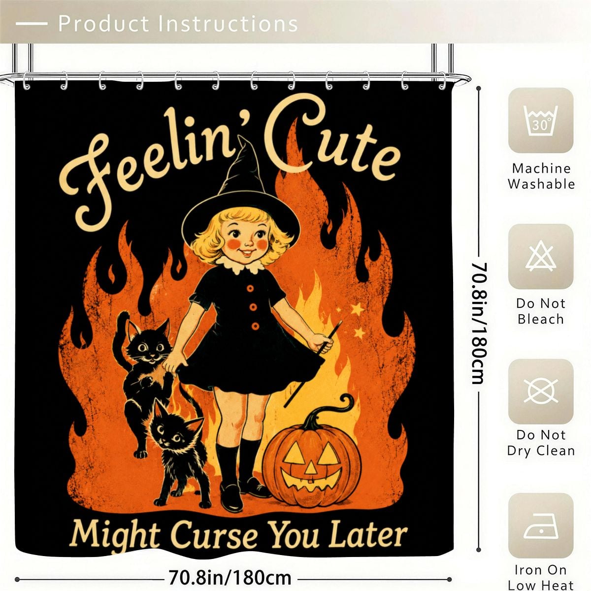 Halloween shower curtain featuring a cute witch, black cats, and jack-o'-lantern with flames.