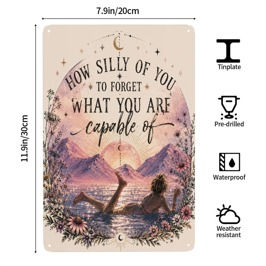 Inspirational garden flag with celestial moon and woman relaxing in a mountain lake landscape.