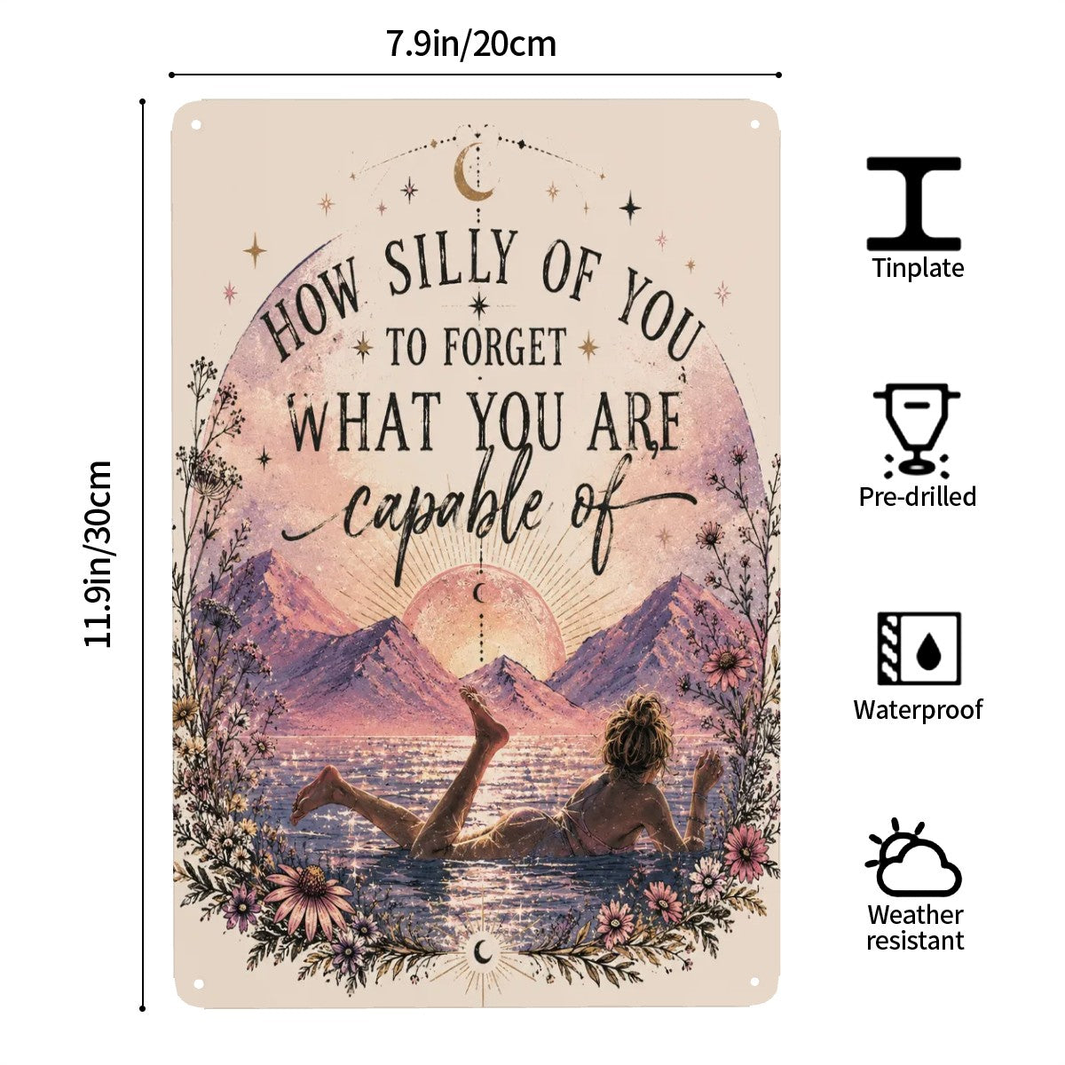 Inspirational garden flag with celestial moon and woman relaxing in a mountain lake landscape.