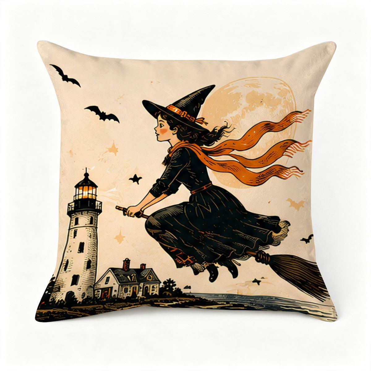 Decorative throw pillow featuring a witch flying on a broomstick past a lighthouse and moon.