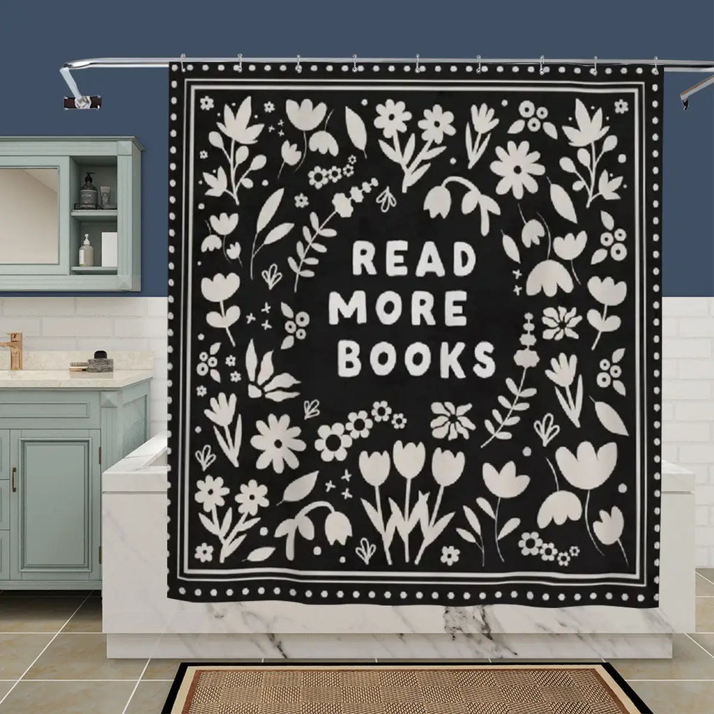 Sandy Beach Read More Books shower curtain with a colorful book-themed design for bathroom decor.