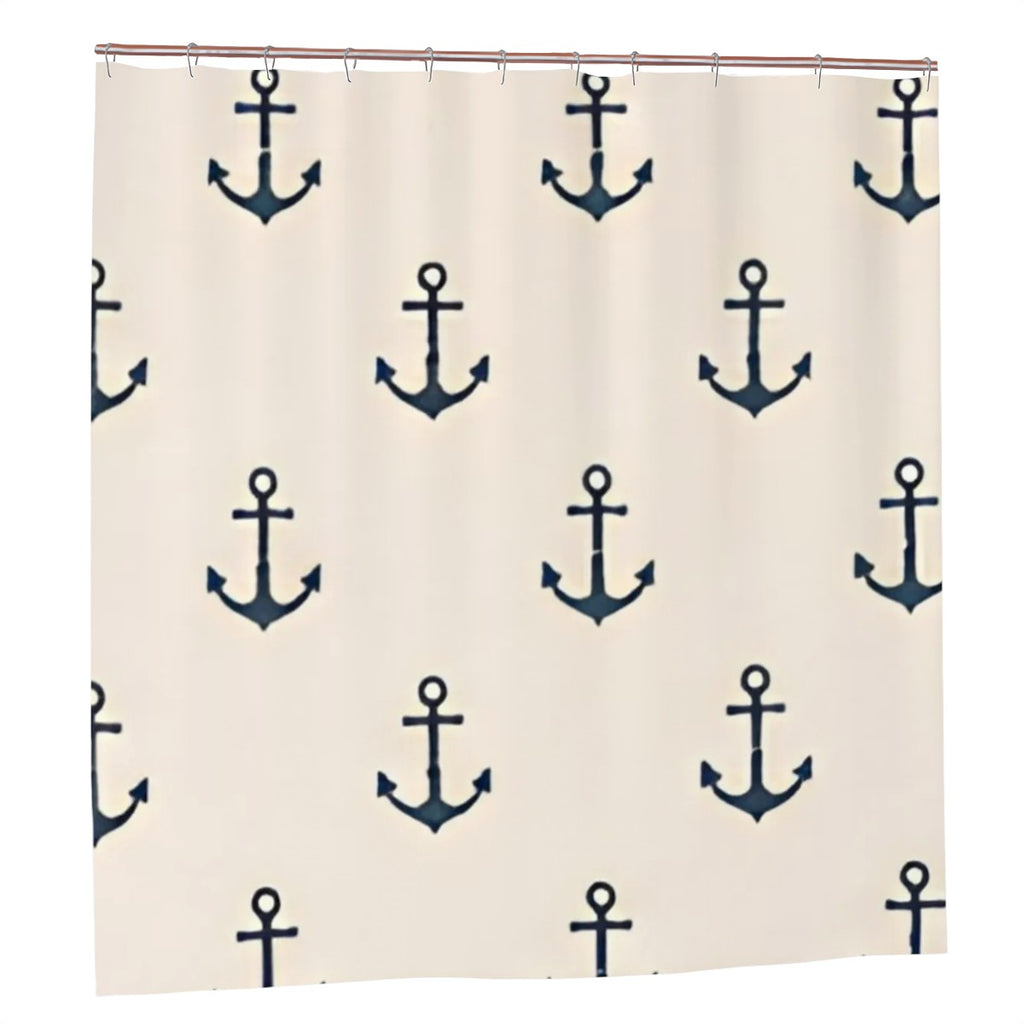Nautical navy blue anchor pattern on a white coastal style shower curtain.