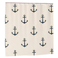 Nautical navy blue anchor pattern on a white coastal style shower curtain.