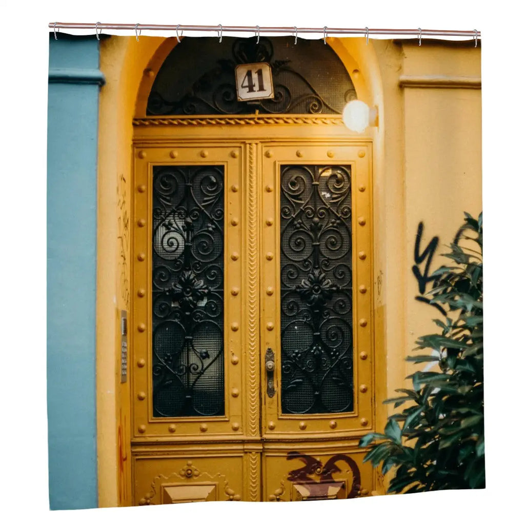 Vintage yellow door shower curtain with bathroom decor design from Sandy Beach, featuring a charming, retro style for bathroom decor.