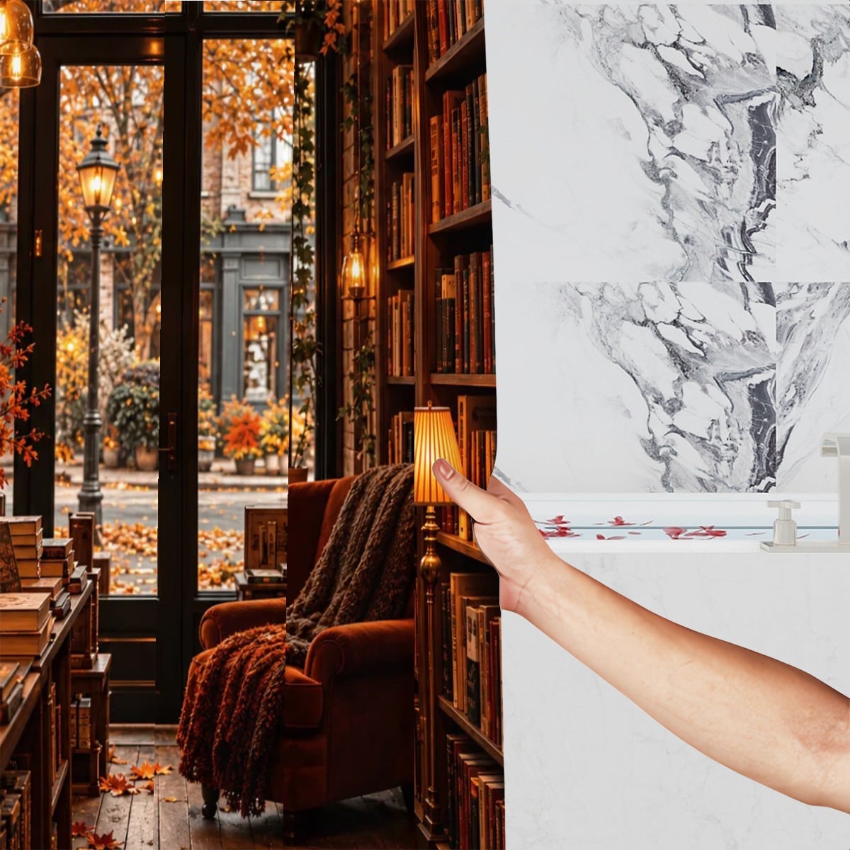Autumn Bookstore Shower Curtain - 72" x 72" Waterproof Library Print