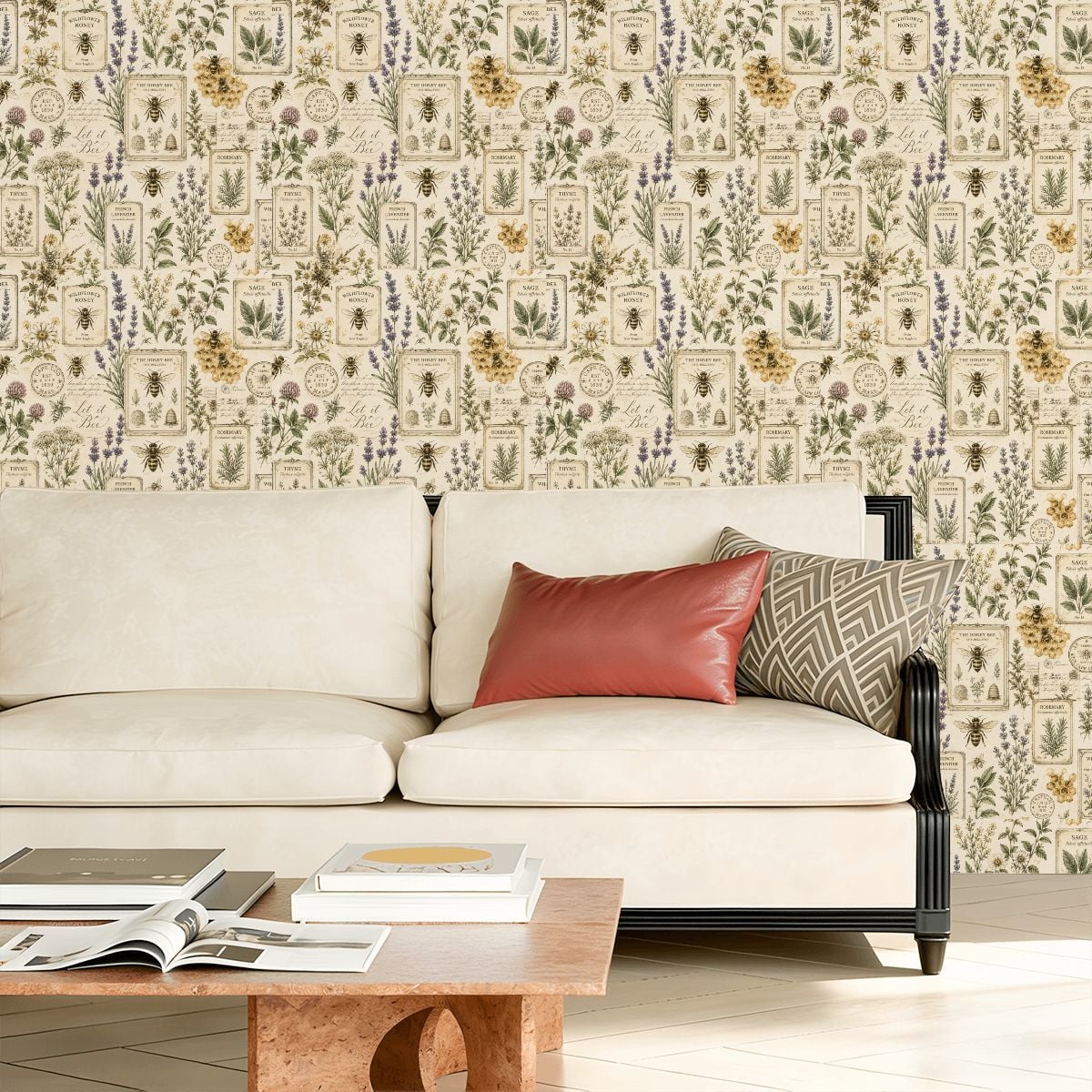 Cream sofa with terracotta and geometric pillows against botanical wildflower wallpaper.
