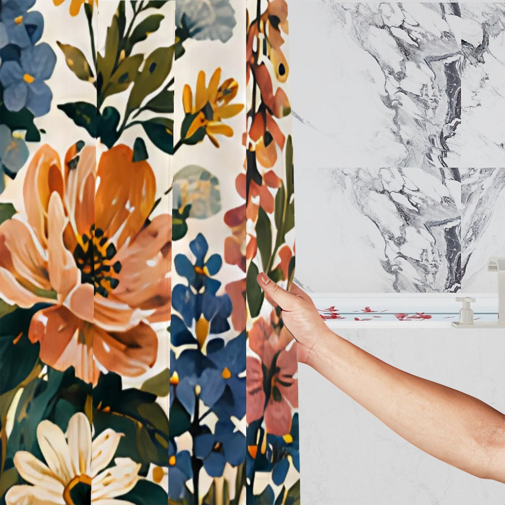 Floral patterned shower curtain being held against a marble wall background.