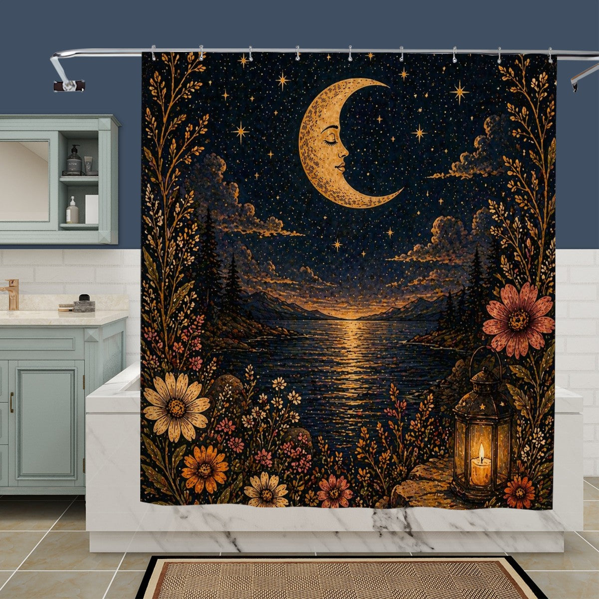 Sandy Beach bathroom decor shower curtain with ocean wave pattern hanging in a modern shower stall