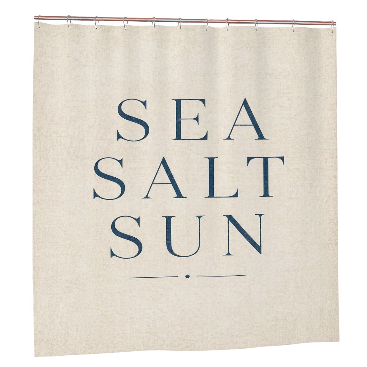 Sandy Beach bathroom decor shower curtain with ocean wave pattern, hanging on a rod in a modern bathroom setting.