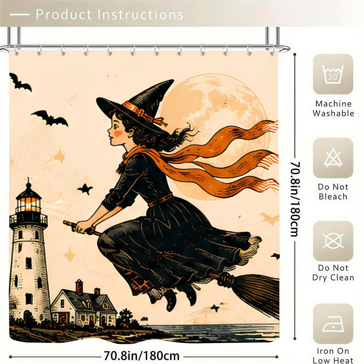 Witch flying on a broomstick past a lighthouse and full moon shower curtain.