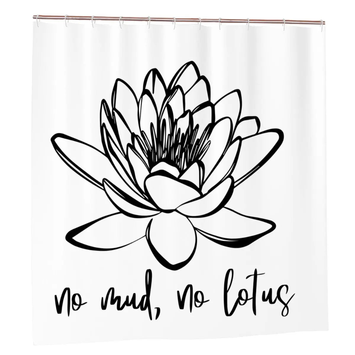 Sandy Beach No Mud No Lotus shower curtain with floral design, hanging in a bathroom setting, bathroom decor for modern style.