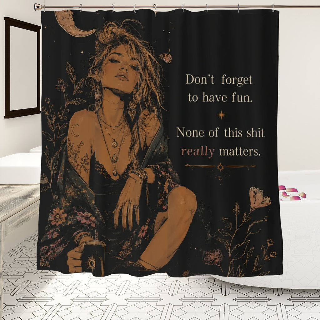 Black shower curtain featuring a bohemian woman illustration and inspirational quote.