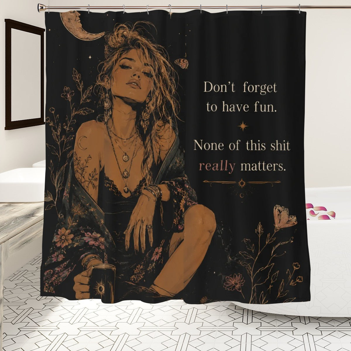 Black shower curtain featuring a bohemian woman illustration and inspirational quote.