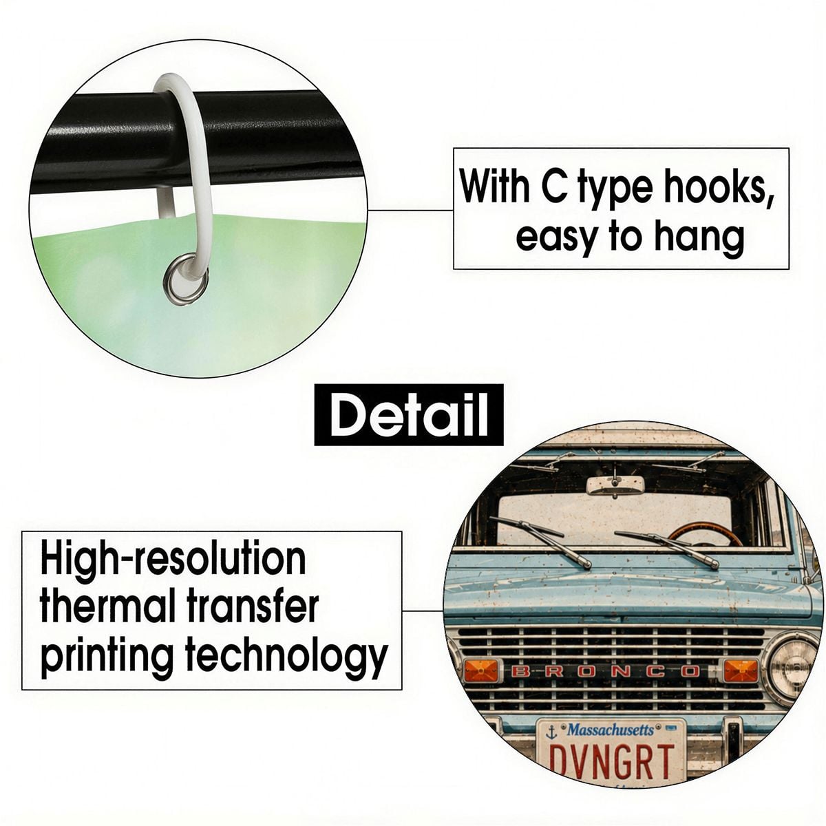Close-up of C-type hooks for easy hanging and high-resolution thermal transfer printing detail.