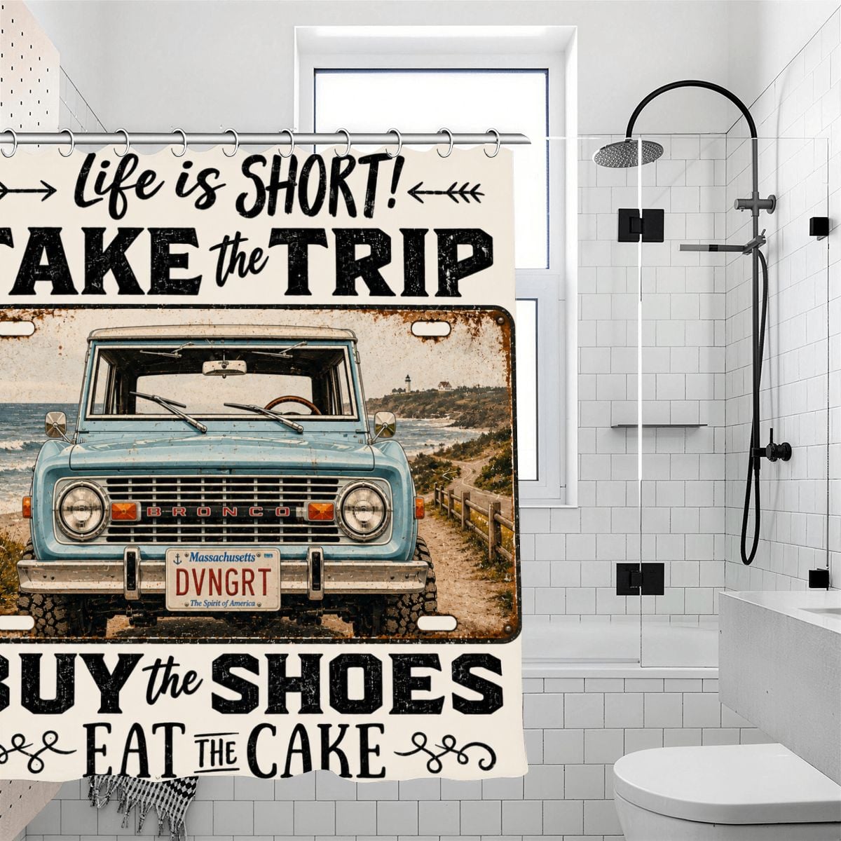 Vintage blue Bronco truck on a coastal road shower curtain with motivational quote.