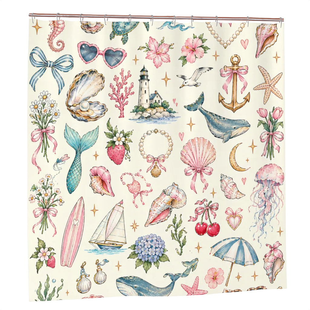 Pastel Seashell Shower Curtain - 72" x 72" Coastal Botanical Illustration