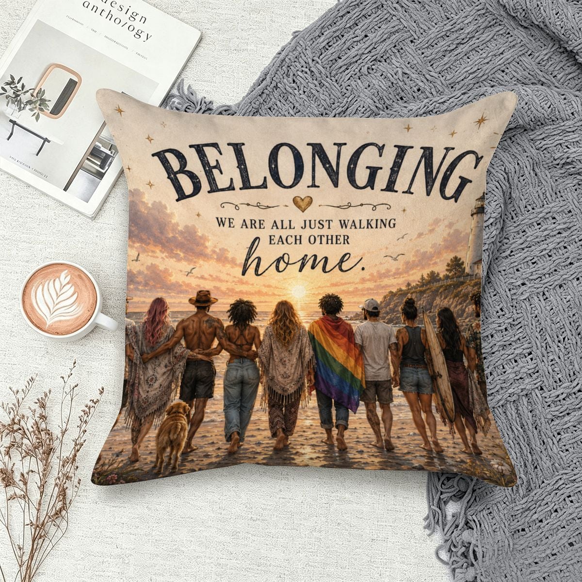Decorative pillow featuring a diverse group of friends walking on a beach at sunset.