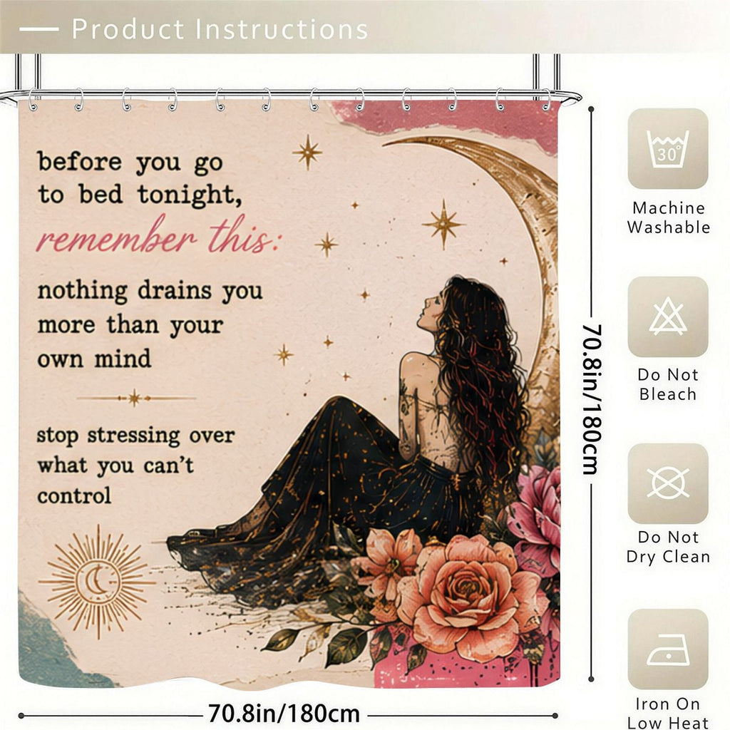 Inspirational quote shower curtain with celestial woman, moon, and roses in aesthetic design.
