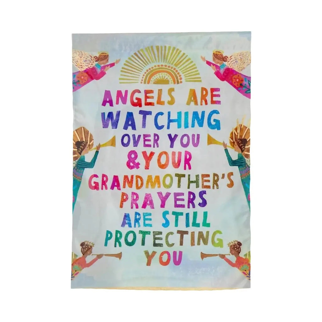 Sandy Beach Angels Are Watching Over You garden flag with angel and floral design, decorative garden decor for outdoor display.